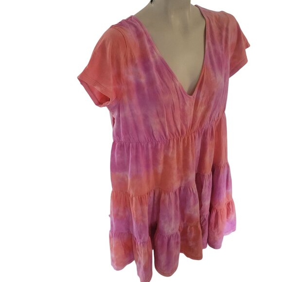 Wild Fable Pink & Orange Tie-Dye Tiered Short-Sleeve V-Neck Babydoll Dress XXL 1 - Picture 2 of 6